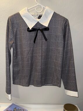 $7 Grey Windowpane Blouse with White Collar and Black Bow $7 WHEN BUNDLED WITH 3